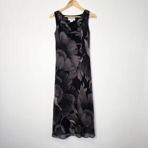 Vintage Jessica Howard Y2K Dark Floral Cowl Neck Midi Dress Grey Black Petite 8P